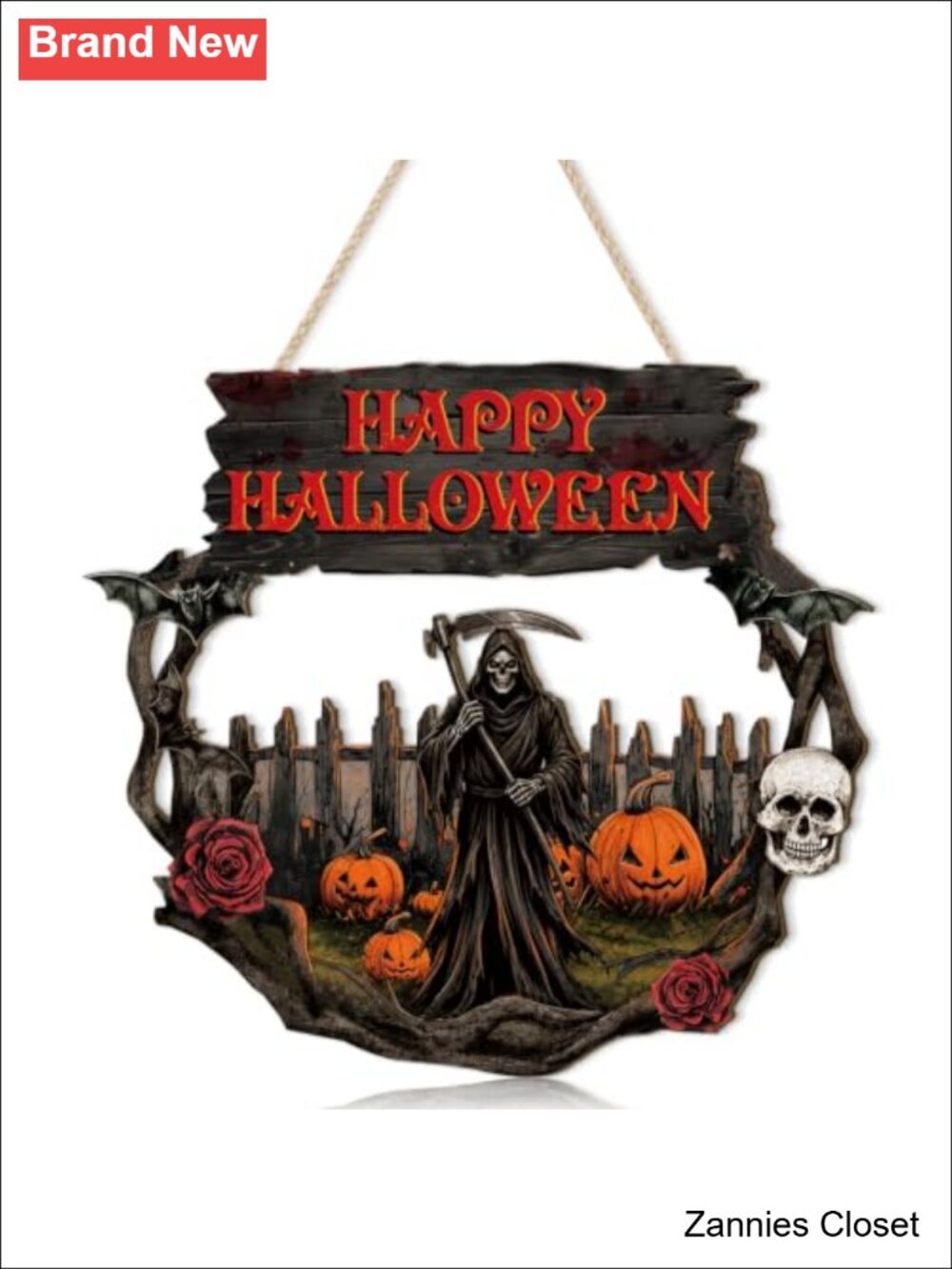 👻 Halloween Wooden Door Hanger Grim Reaper Wall Art 11.4" Spooky Decor